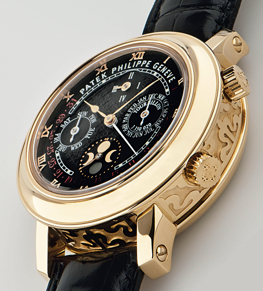 Patek Philippe Sky Moon Tourbillon Gold Black Leather Strap watch ...